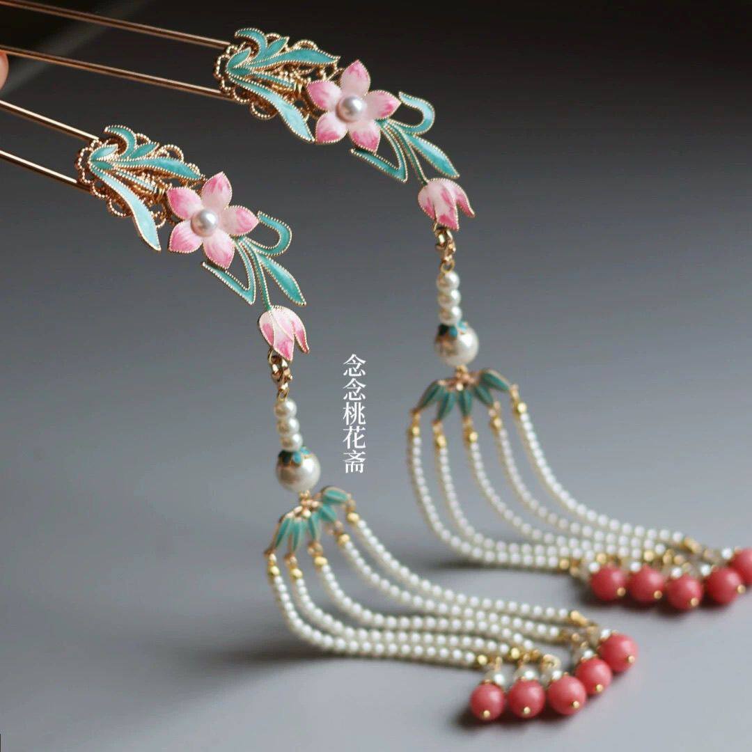 【汀雨】原创烧蓝发钗珍珠流苏发簪古风汉服发饰复古旗袍女头饰品