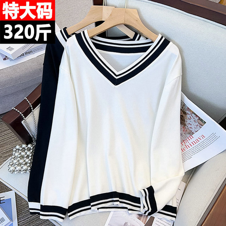 胖mmV领针织衫秋冬拼色打底毛衣