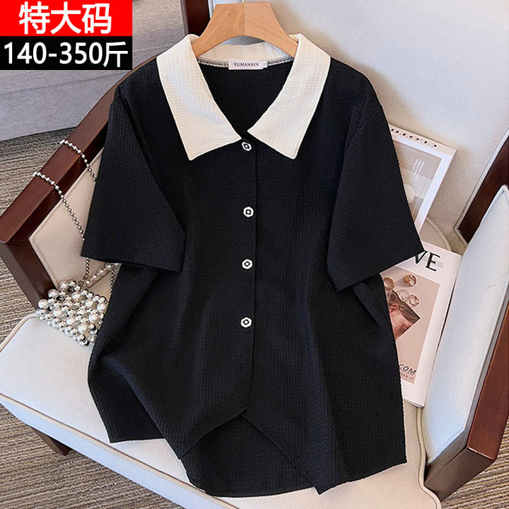 胖mm翻领衬衫宽松短袖华夫格上衣