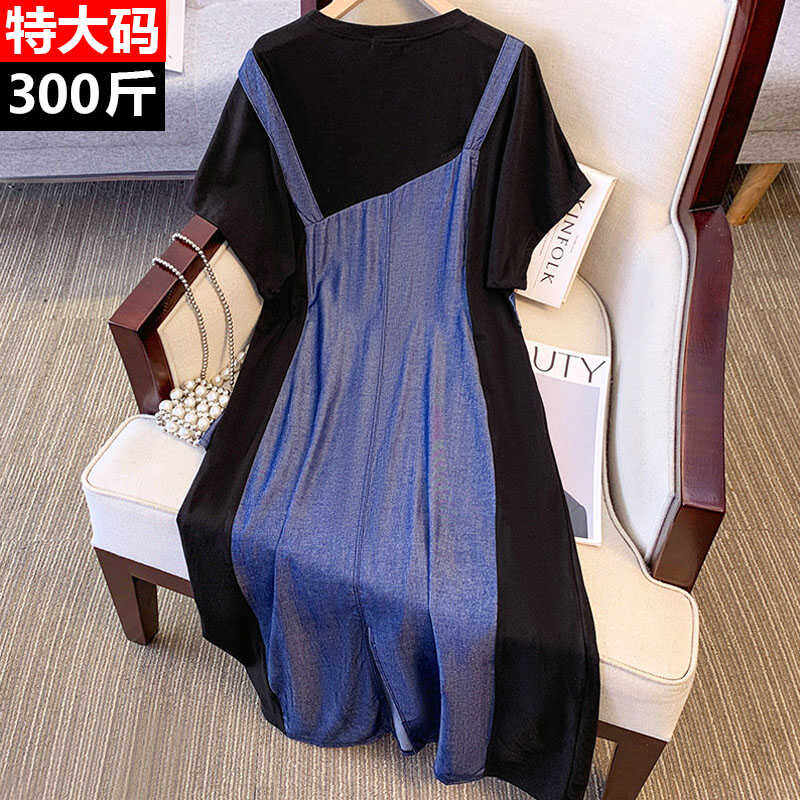 300斤特大码假两件连衣裙女夏季胖mm妹妹收腰显瘦圆领A字背心裙子