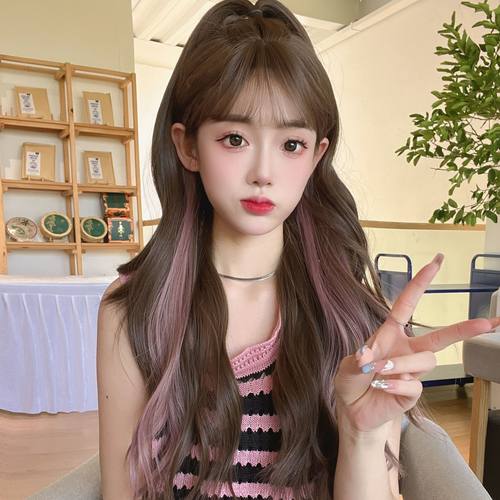 假发女长发微卷挑染粉