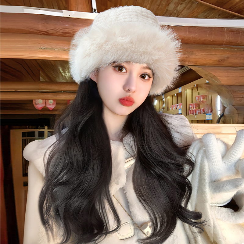 帽子假发一体女款2025冬季新款可爱长卷发毛绒帽假发女自然全头套