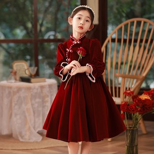 红色女童走秀礼服公主裙冬季主持人花童婚礼小女孩指挥钢琴演出服