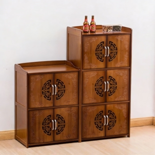 厨房置物架柜子储物柜落地多层楠竹带门橱柜碗柜家用收纳柜置物柜