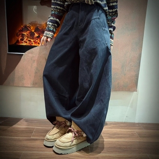 木易初见0108原创设计师款 侧口袋复古文艺风宽松阔腿加绒牛仔裤