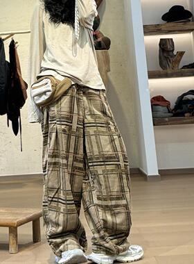 241242忆古朴拙复古印花坑条设计阔腿裤文艺休闲减龄宽松百搭长裤