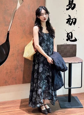 木易初见0302设计师款印花复古文艺风宽松显瘦气质亚麻吊带连衣裙
