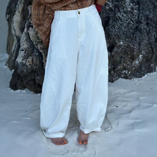 女松弛感宽松长裤 木易初见0026原创设计师款 复古风白色阔腿牛仔裤