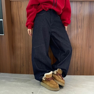 木易初见0502原创设计师款拼接复古文艺风宽松显瘦阔腿加绒牛仔裤