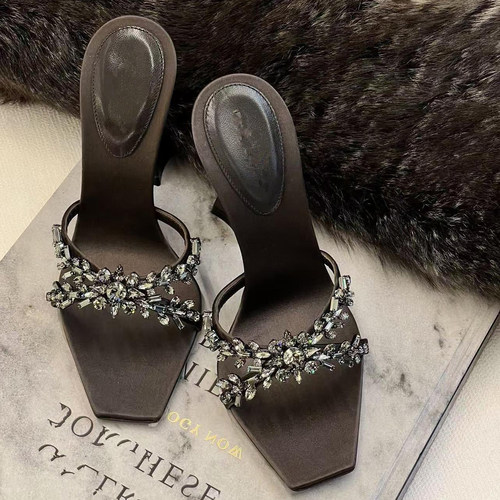 2025夏新款方头水钻一字带凉鞋女粗跟露趾高跟拖鞋半拖性感御姐风