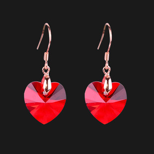 本命年玫瑰金色耳环女奥地利水晶大红色爱心饰短款925纯银防过敏