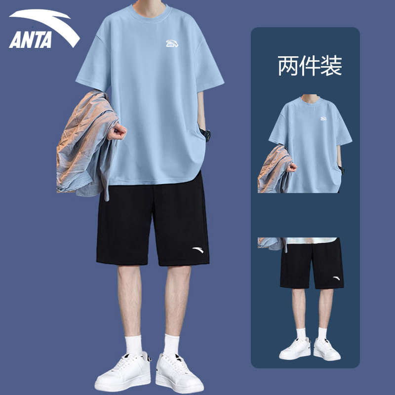 안타 여름 캐주얼 정장 남성 반팔 티셔츠 5점 반바지 학생 트렌드 매칭 투피스 운동복 세트