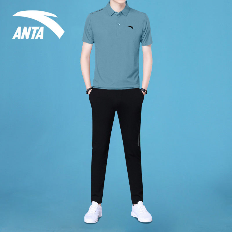 ANTA 스포츠 정장 남성 여름 옷깃 반팔 폴로 셔츠 러닝 속건 티셔츠 스트레이트 바지 캐주얼 남성 의류
