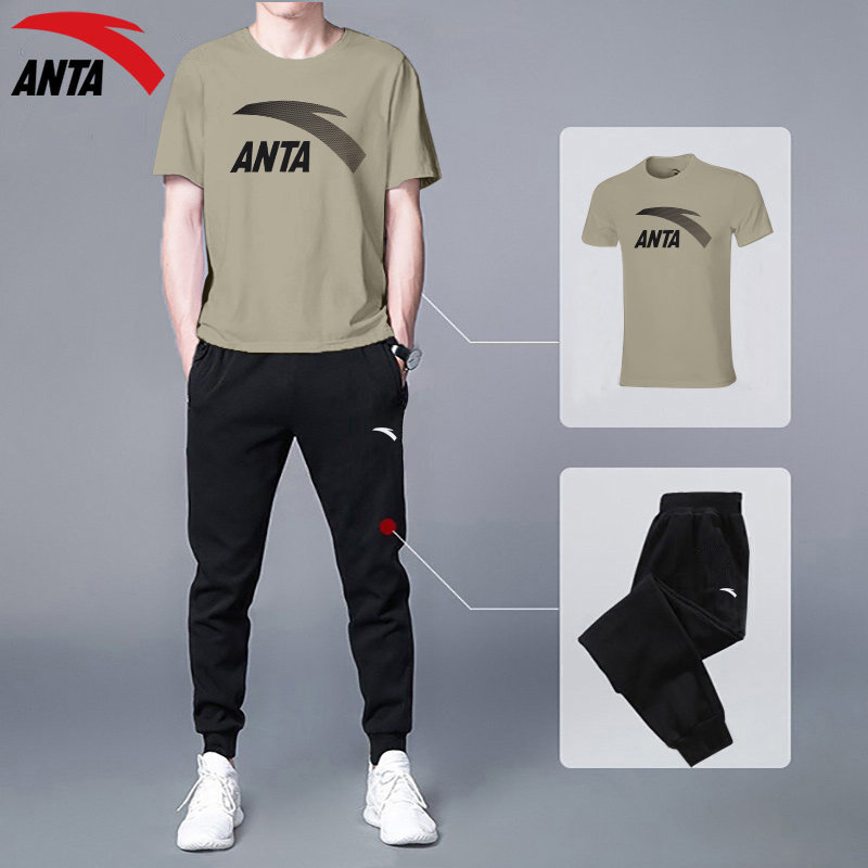 ANTA 스포츠 정장 남성 봄 여름 2024 신상 코튼 반팔 티셔츠 바지 루즈 캐주얼 남성 투피스 세트