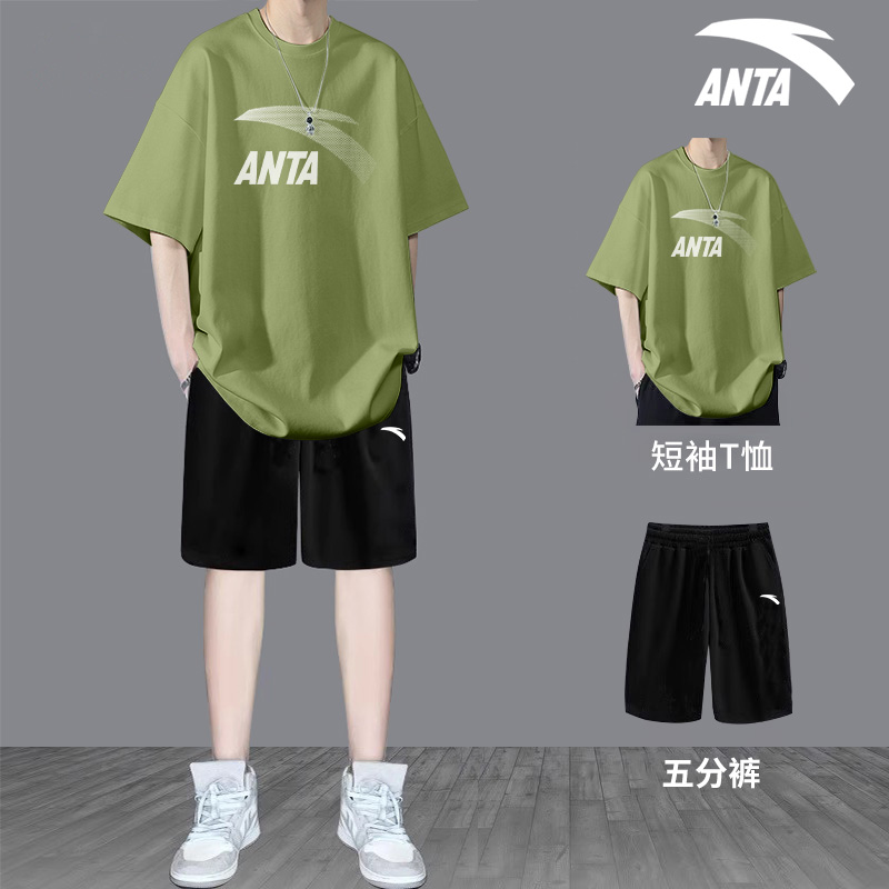 安踏运动套装男夏季休闲短袖短裤T恤两件套青少年宽松潮流运动服