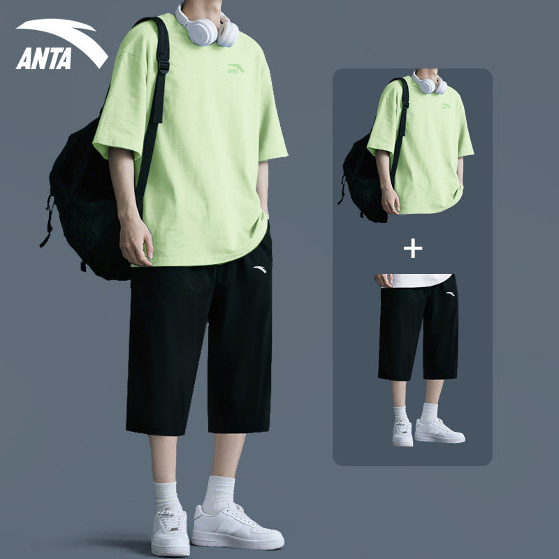 安踏休闲套装男夏季薄款潮流短袖七分裤轻薄宽松透气运动服两件套
