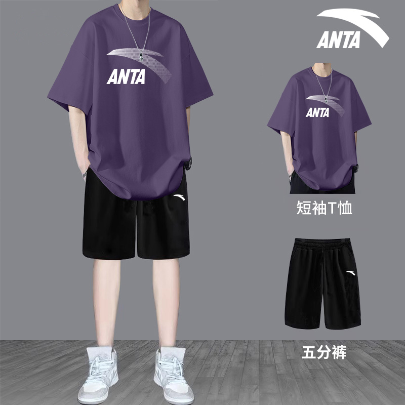 安踏休闲印花短袖短裤运动套装男