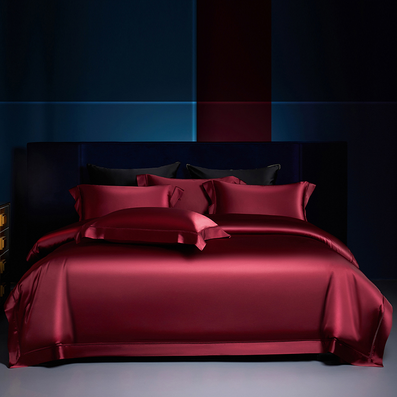 悠仙居高端140支结婚四件套纯色镂空真丝棉被套婚庆全棉床上用品