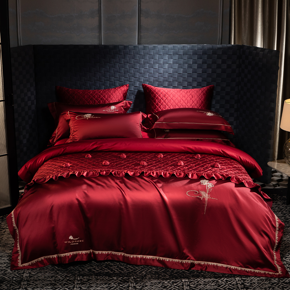 悠仙居家纺高端真丝棉婚庆四件套简约红色刺绣结婚喜被婚嫁床品