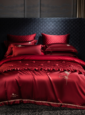 悠仙居家纺高端真丝棉婚庆四件套简约红色刺绣结婚喜被婚嫁床品