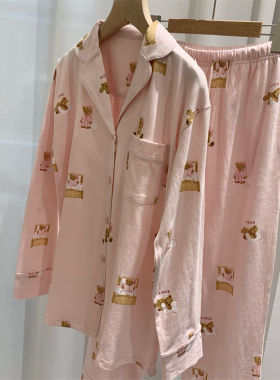 日系GP纯Y秋冬甜美晚安小熊睡衣女棉感卡通印花长袖长裤家居服套