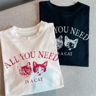 美式 高品100%长绒棉白墨直喷印花工艺猫咪头像印花长袖