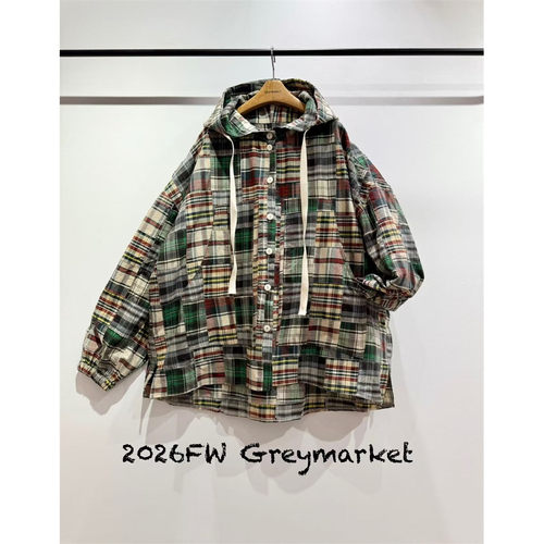 现货Greymarket蝴蝶结家韩国代购 前短后长连帽补丁格纹衬衫 秋