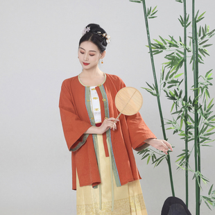 福鹿记[美杏]圆领衫汉服半袖短衫纯棉麻暗纹提花橘红蓝灰嫣粉春夏