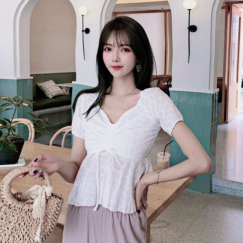 復古chic設計感短款V領鏤空短袖襯衫女夏季小清新很仙的抽繩上衣