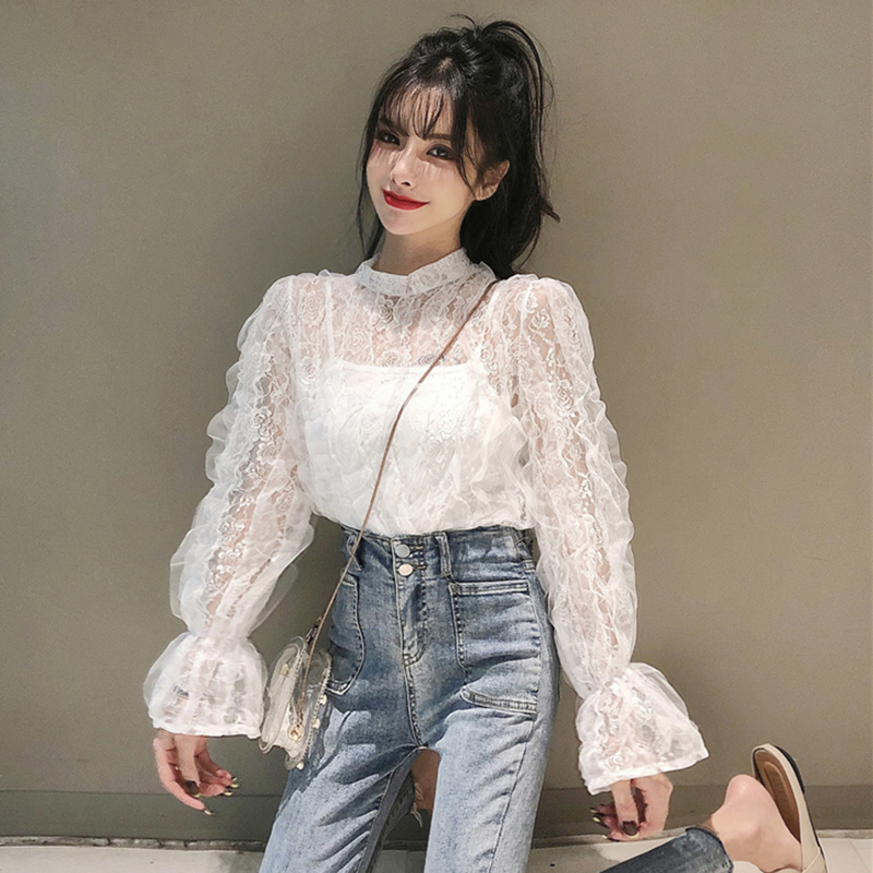 Princess style half high collar bottomed shirt women's autumn dress 2020 new lace with super fairy foreign style small shirt mesh top