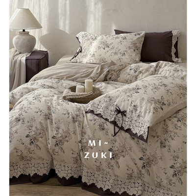 Girlish·山茶左岸·法式棉麻花边床上四件套春夏1.8床单被套床品