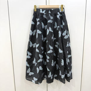 352 2530欧洲站26春松紧高腰宽松显瘦暗纹蝴蝶印花中长薄纱半身裙