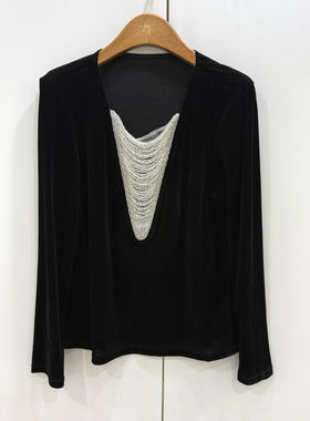 26759欧洲站2026春新款时尚重工钉珠链条V领百搭显瘦植绒丝绒上衣