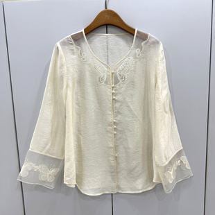 HY792欧洲站26春单排珍珠扣拼欧根纱轻奢桑蚕丝国风提花衬衫 上衣