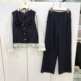 压明线两件套套装 QDMEIWEN 直筒裤 1007春拼接压褶边牛仔衬衫 26A