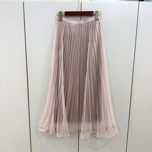 375 5895欧洲站2026春松紧高腰中长网纱A字仙女百褶百搭半身裙潮