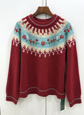 653-61232欧洲站25冬新款时尚显瘦圆领费尔岛提花套头羊毛针织衫