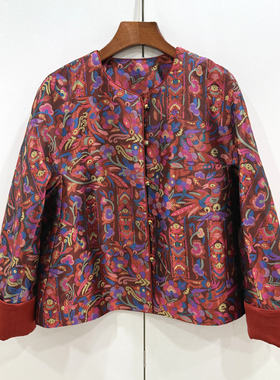 26712欧洲站26春单排扣圆领复古鸟语花香提花人丝宋锦国风短外套