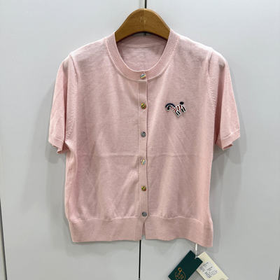 75192 欧货时尚圆领小马刺绣彩色扣子天丝亚麻针织开衫薄款上衣夏