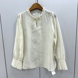 艾妮莉261627欧洲站2026春新款温柔通勤风立领显瘦木耳边长袖衬衫