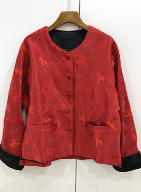 68732 欧洲站2026春新款时尚单排扣圆领小马提花国风人丝外套女