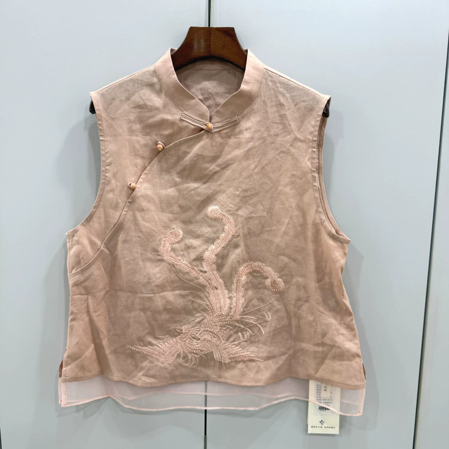 沐子凤26573 凤凰刺绣花斜扣立领下桑蚕丝拼接国风亚麻无袖衬衣