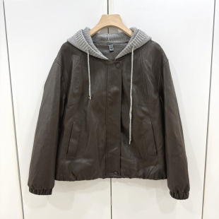 26A 撞色拼接针织连帽休闲宽松PU皮夹克外套女 09欧洲站2026春时尚