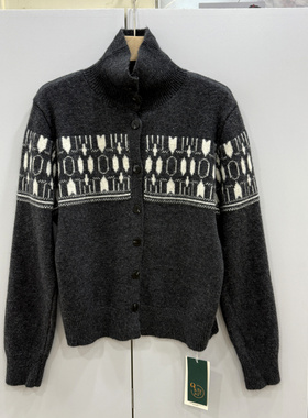 62005欧洲站2025冬新款细羊毛兔毛混纺单排扣显瘦撞色提花针织衫