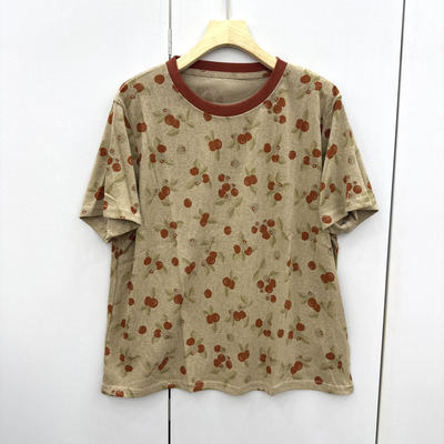 8807欧洲站2026夏时尚圆领满身印花宽松显瘦棉麻短款短袖T恤上衣