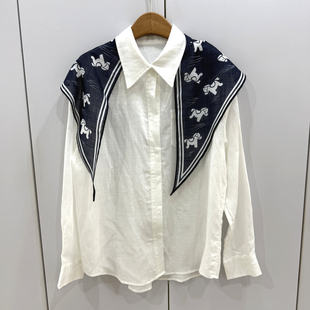 F7322欧洲站2026春款可拆卸丝巾单排扣宽松显瘦百搭天丝亚麻衬衫