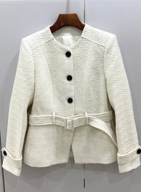 MX26215欧洲站26春圆领单排扣系带收腰羊毛呢小香风小个短外套女