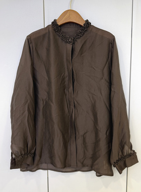 26633欧洲站26春新款时尚压褶木耳花瓣边领时尚百搭减龄天丝衬衣