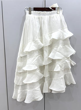 韵芭莎8092欧货春时尚松紧高腰荷叶边不规则斜下摆气质蛋糕半身裙