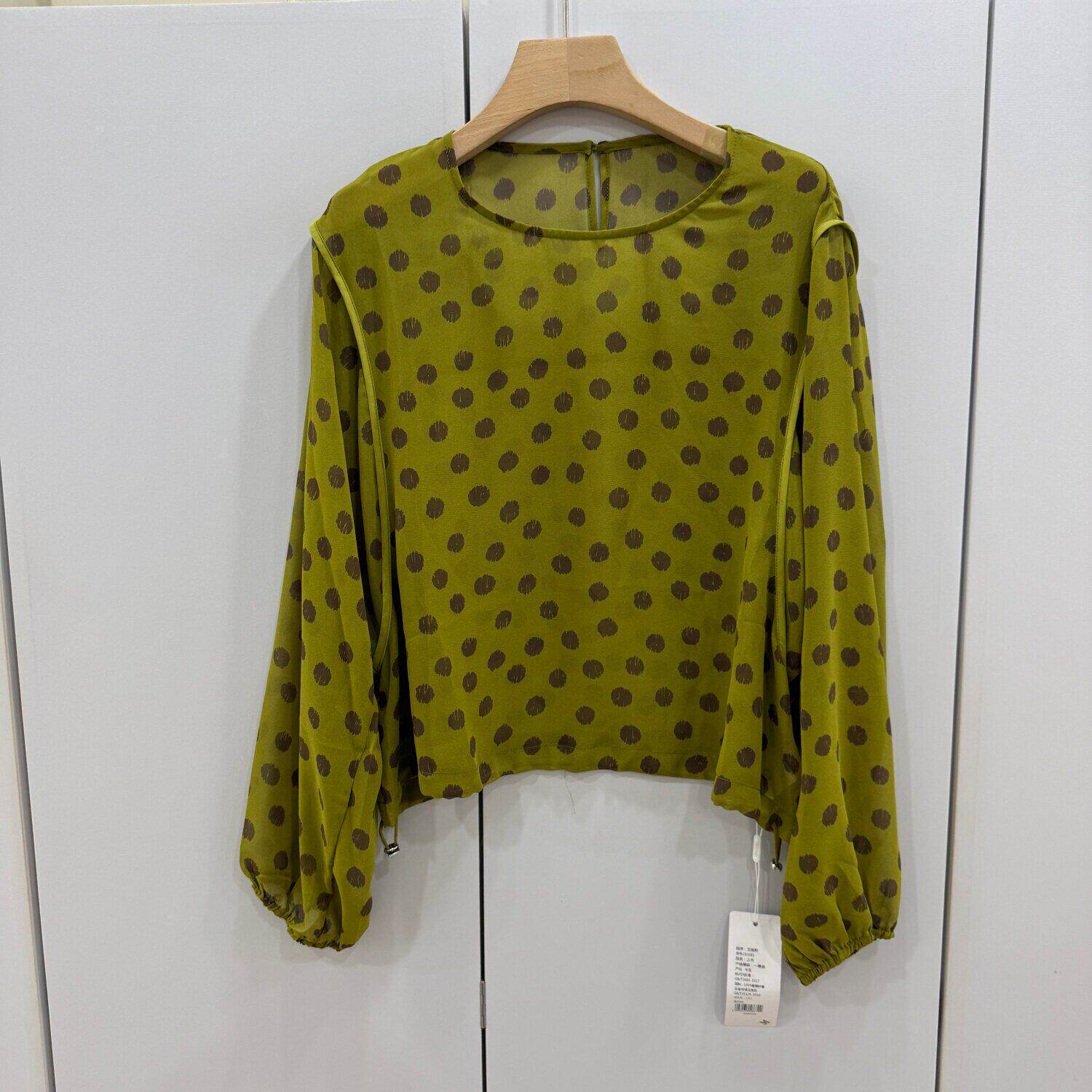 艾妮莉261681欧洲站时尚圆领下抽绳波点透视长袖衬衣防晒服罩衫夏